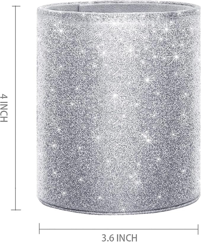 Glitter Pen Holder, Pencil Cup Desk Sparky Bling for Women Girls, Luxury Durable Makeup Brush Holder Large Pu Leather Multi-Functional Organizer Cup for Office, Classroom, Home, Silver