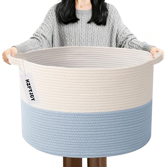 90L Large Blanket Basket,21.7"L x 21.7"W x 13.8"H Rope Woven Baskets with Handles, Toys Storage Bins,Laundry Basket Perfect for Living Room, Nursery,Bedroom,Home Organization,White&Blue