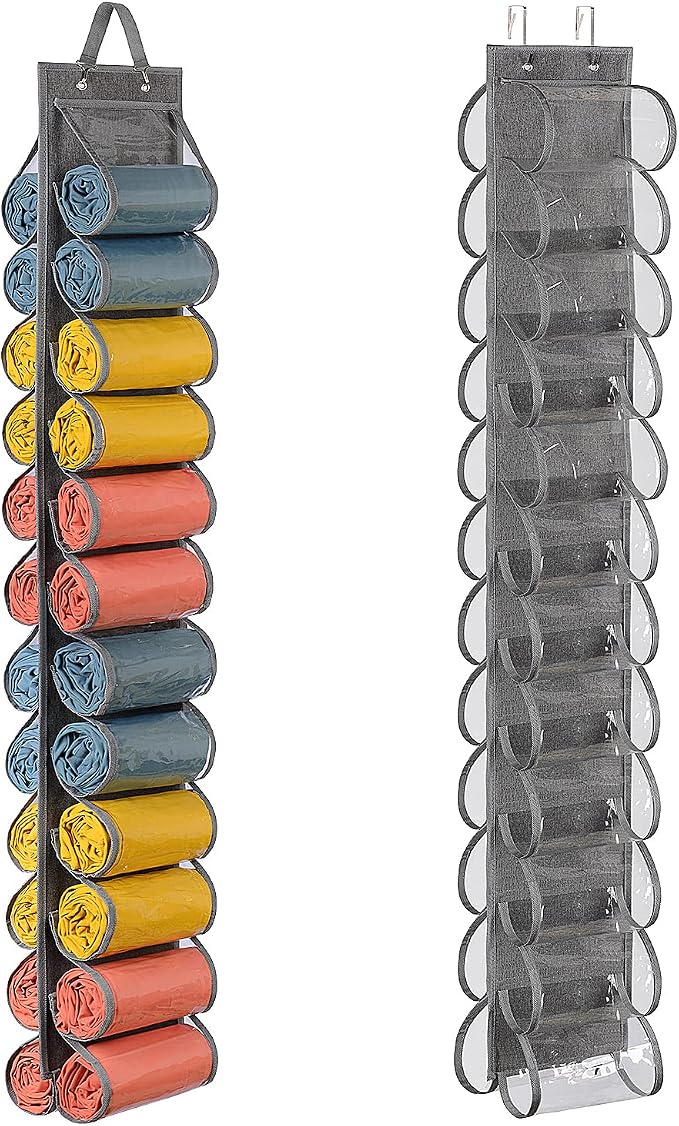 Lirex Hanging Yoga Legging Storage Organizer with 24 Pockets, Foldable Oxford Cloth Hanging Closet Organizer Shirts Jeans Storage Hanger Socks Holder for Family Closet Bedroom, Grey