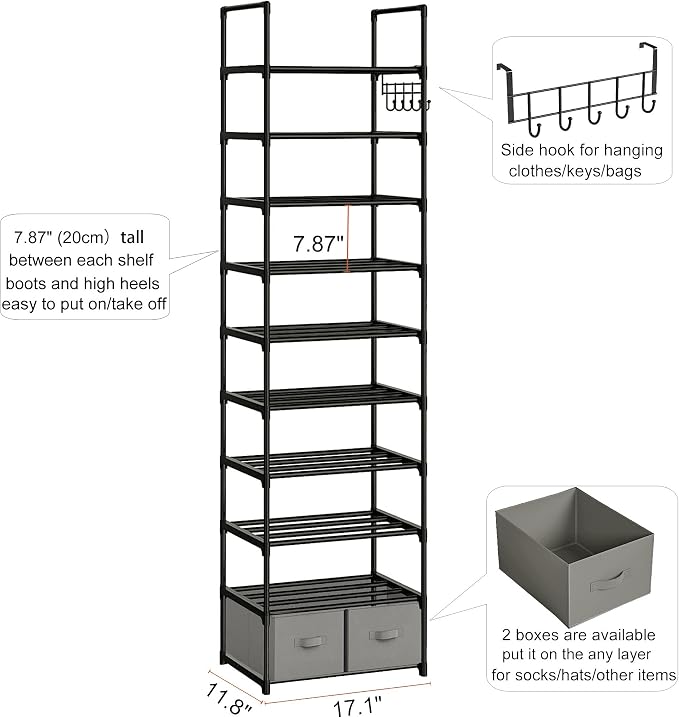 OYREL Tall Shoe Rack Narrow 10 Tier Shoes Rack 20 25 Pairs, Shoe Storage Organizer for Closet, Sturdy Metal Shoe Shelf Shoe Stand with 2 Boxes 1 Hook