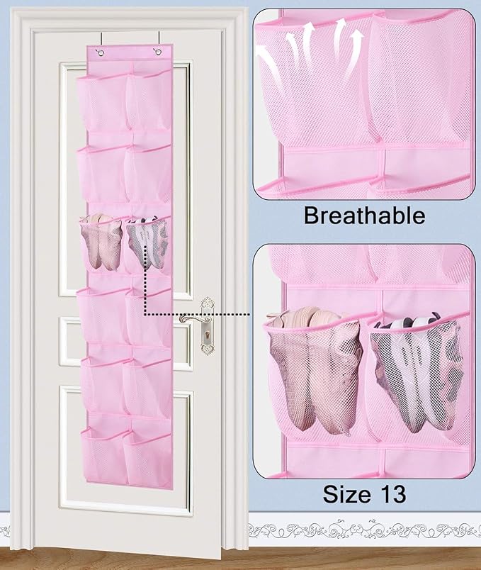 MISSLO Over The Door Shoe Organizer 12 Large Mesh Pockets Hanging Narrow Closet Door, Baby Hanging Shoe Rack Kids Closet Storage bags for Girl Women Men Toddler Nursery, Pink, 2 Pack