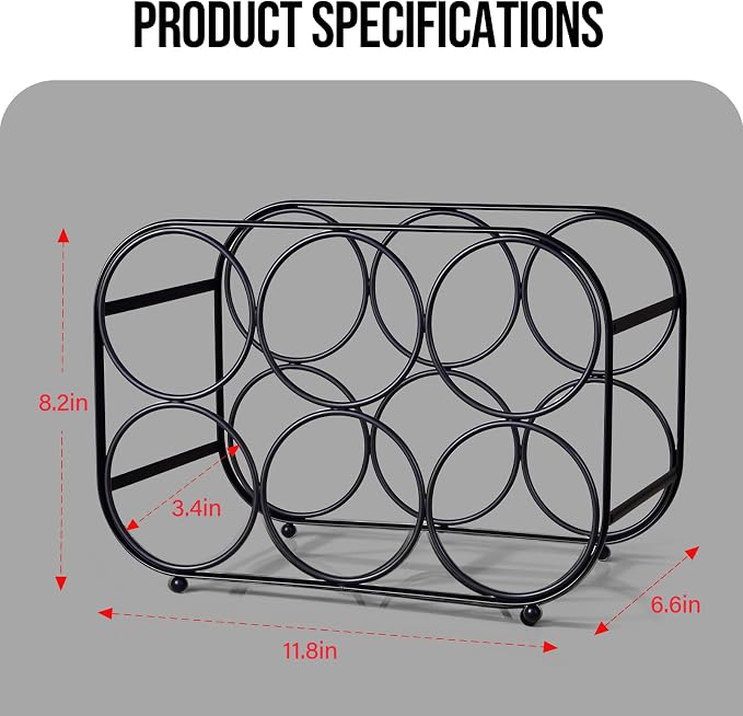 Countertop Wine Rack - 6 Bottle Freestanding Modern Black Metal Small Wine Rack - Tabletop Wine Holder Stand for Cabinet, Pantry, Wine Bottle Storage