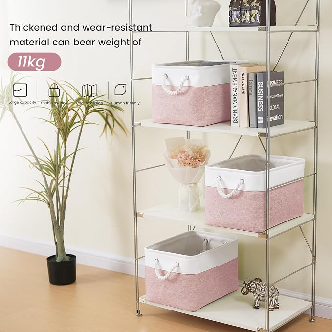 15x11x10 In Foldable Fabric Large Storage Bins with Handle 6 Pack | Organizer Baskets, Sturdy Metal Strand, Cardboard Support Molding, Storage Baskets for Shelves, Closet, Bedroom, White/Pink