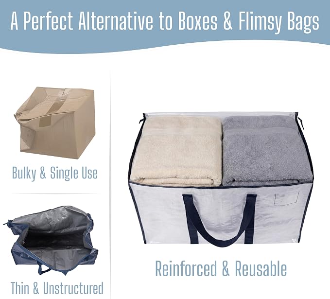 VENO 2 Pack Heavy Duty Moving Bags, Extra Large Storage Bags with Reinforced Handles & Strong Zippers, Foldable & Reusable Moving Box Alternative for Clothes & Dorm Storage