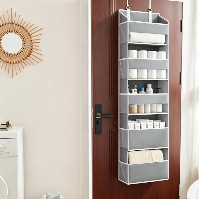 5 Tiers Over The Door Organizer Hanging - EXTRA THICK & 50lbs HUGE CAPACITY, 10 Side Mesh Pockets Over The Door Shoe Organizer, for Closet, Diaper Organizer, Bedroom, Bathroom,Nursery (Grey, 1pc)