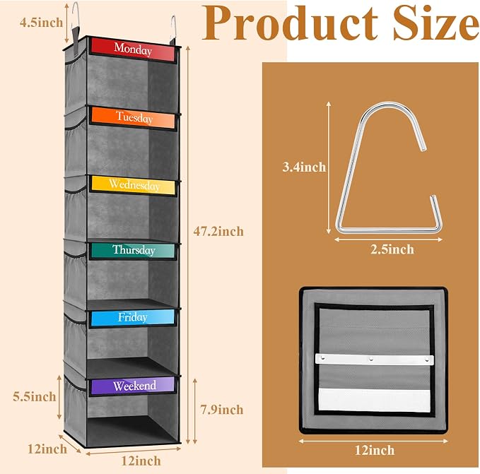 Amylove 2 Pack 6 Shelf Weekly Clothes Organizer for Kids with Side Pocket, 47 Inch Days of the Week Clothes Organizer, Monday to Friday Daily School Outfits Clothing Divider for Kids(Gray)