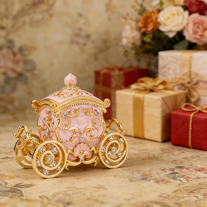 Retro Carriage Jewelry Trinket Box Enamel Ring Hold Boxes Hand-Painted Vintage Ornaments Craft Gift for Women Girls (Pink)