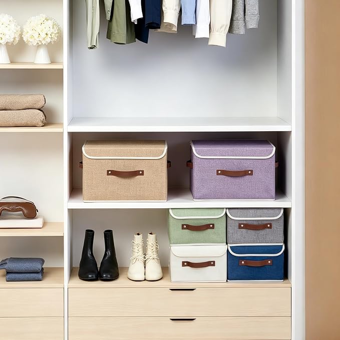 Collapsible Storage Boxes Baskets with Lid Cotton Linen Fabric Storage Bins with Faux Leather Handles Decorative Washable Cube Organizer Container for Home Closet Bedroom (Linen, Large Size)