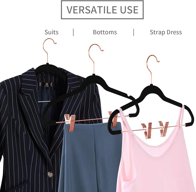 MIZGI Premium Velvet Pants Hangers with Clips (Pack of 20) Slim Skirt Hangers- Non Slip Felt Outfit Dress Hangers Black - Copper/Rose Gold Hooks,Space Saving Shirt Clothes Hangers
