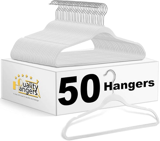 Quality Hangers 50 Pack Non-Velvet Plastic Hangers for Clothes - Heavy Duty Coat Hanger Set - Space-Saving Closet with Chrome Swivel Hook, Functional Non-Flocked Hangers - Cream White