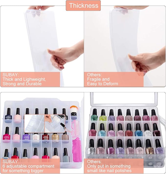SUBAY Portable Nail Polish Organizer, Clear Double Side Nail Polish Holder,Gel Nail Storage for 48 Bottles with 6 Adjustable Dividers in Each Side Space Saver