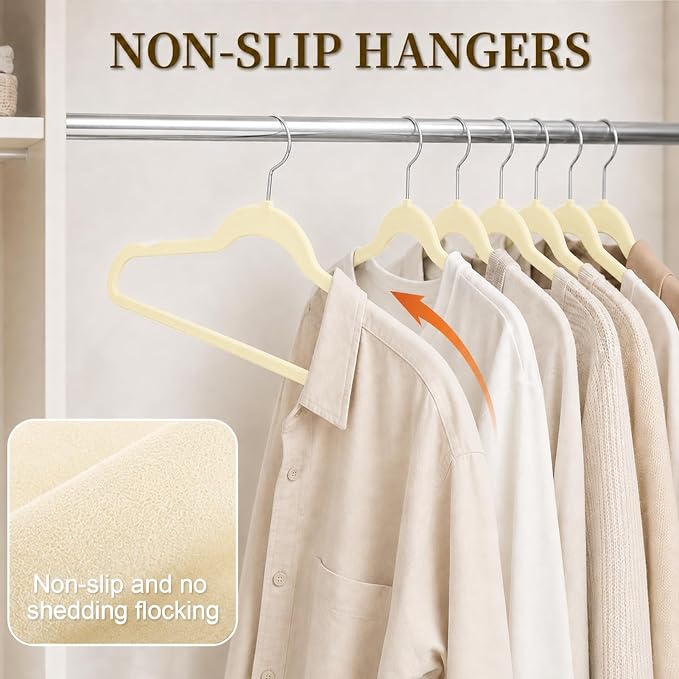 Velvet Hangers 50 Pack, Non Slip Clothes Hangers with Shoulder Notches, Slim Felt Hanger with 360° Swivel Hook, Space-Saving, Heavy Duty, for Coat, Shirt, Pants, Dress, Suits, Ivory
