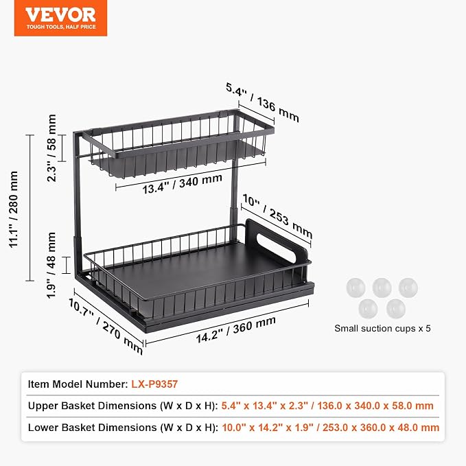 VEVOR 2 Tier Pull Out Cabinet Organizer(10.7"W x 14.2"D), Under Sink Organizer and Storage, Slide Out Drawer Cabinet Organizer, Wire Basket Sliding Storage, 12.5"Wx15.5"Dx13"H Install Size for Cabinet | Kitchen Slide Out Drawer Wire Basket Sliding Stor...