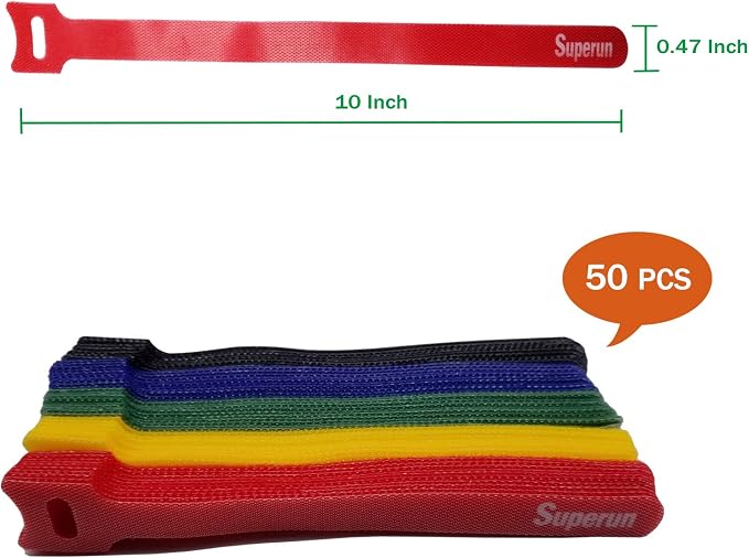 Superun 50 Pcs Multi-Color 10 Inch Fastening Cable Ties Reusable Cord Organizer, Adjustable Hook and Loop Wire Wrap Cable Management
