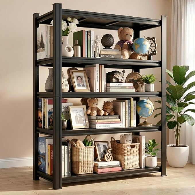 40" W*63" H Book Shelf，5 Tier Metal Wide Bookshelf，Heavy Duty Book Shelfs，Adjustable Shelving Unit，Tall Bookcase，Industrial Bookshelf for Living Room，Bedroom，Office and Library