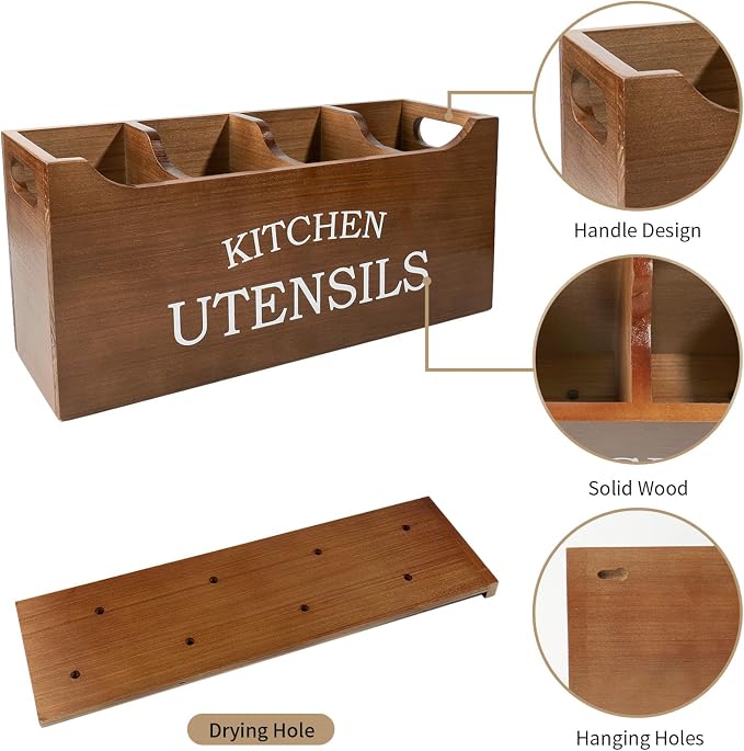 Kitchen Utensil Holder with Drainage Bottom, Extra Large 4 Compartments Solid Real Wood Utensil Organizer for Kitchen Counter, Farmhouse Cooking Tools Storage for Countertop, Brown