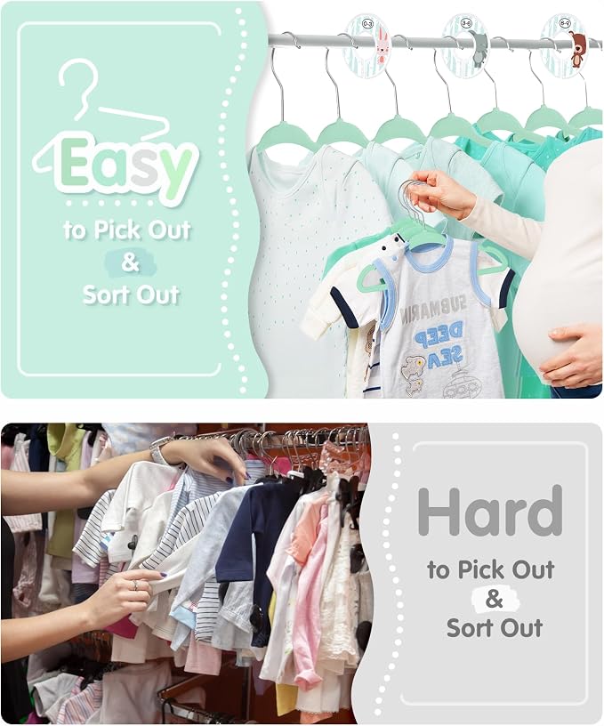 VIS'V Velvet Baby Hangers with 6 Pcs Dividers, 11 Inch, Mint Green, 50 Pcs | Compact Size, Non Slip, Infant Toddler Nursery Closet Organization