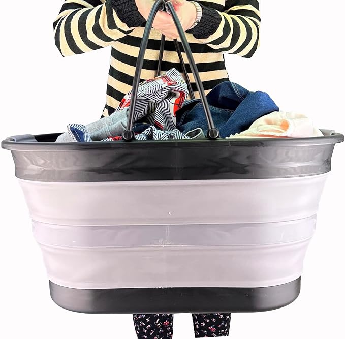 SAMMART 38L (10 Gallons) Collapsible Plastic Laundry Basket - Foldable Storage Container/Organizer - Portable Washing Tub - Space Saving Laundry Hamper (Black/Alloy Grey)
