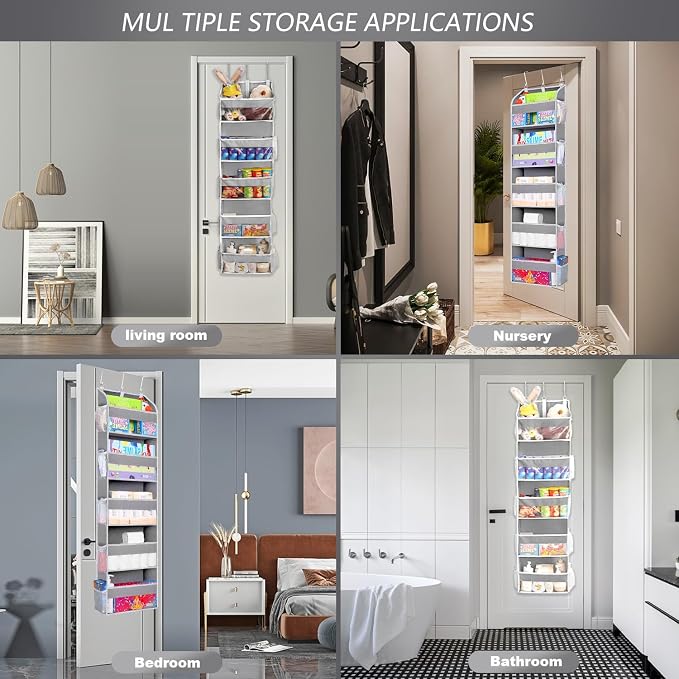 TAHAVICE 2 Pack Over the Door Storage Organizer, 5 Large & 10 Mesh Pockets | Hanging Storage Organizer with 40lb Capacity and Door Storage Space Saving for Bedroom,Bathroom,Nursery,Babyroom(Light Gray)