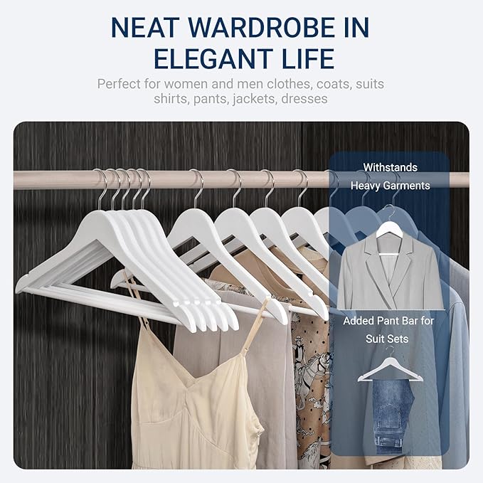 Amber Home 20 Pack White Wooden Coat Hangers, White Wood Suit Hangers with Non-Slip Pant Bar, Clothes Hangers for Closet Organization, Shirts, Jackets, Dresses, and Pants (White, 20)