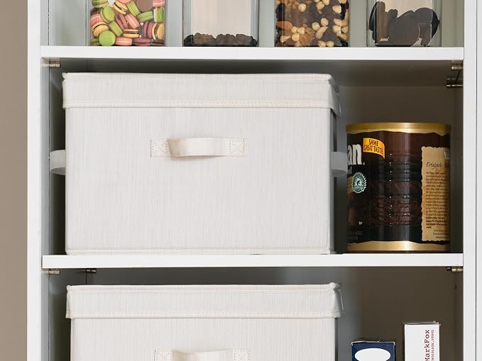 StorageWorks Fabric Storage Bins with Lid, Decorative Storage Boxes for Shelves, Stackable Closet Organizer Basket with Handles, Large, Mixing of Beige, White & Ivory, 2-Pack
