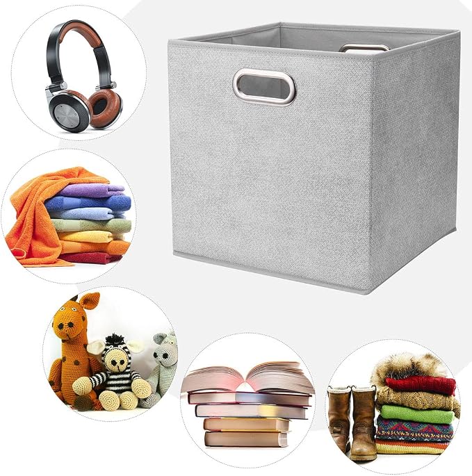 Cloth Storage Bins Set of 4 Thick Fabric Drawers Foldable Cubes Basket Organizer Container with Dual Metal Handles for Shelf Cabinet Bookcase Boxes Grey-White 13x13x13 inch
