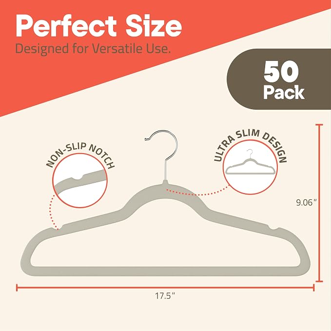 Ivory Velvet Hangers 50 Pack – 360° Swivel Hook, Non-Slip and Space Saving Hangers, Heavy-Duty 11 lbs Weight Capacity - Smooth Velvet Finish for Crease-Free Clothes and Effortless Closet Organization