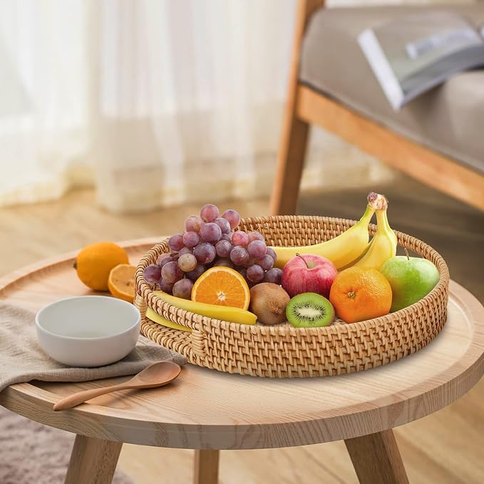 Round Rattan Serving Tray with Handles, Hand Woven Basket, Home Decor Organizer Tray for Breakfast, Tea, Snack, Fruit, Coffee,Storage (Medium)(11.9inchX1.7inch)