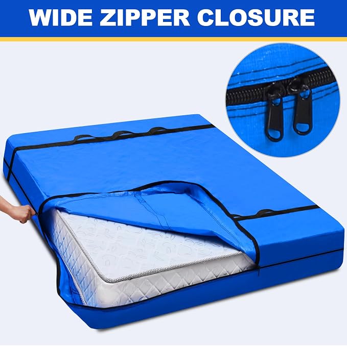 TICONN Mattress Bags for Moving, Heavy Duty Full XL Mattress Cover Storage Bag with Full-Around Handle and Adjustable Buckles (Blue, Full XL)
