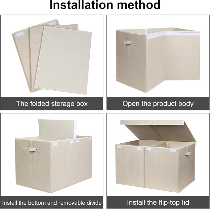 popoly 122L Large Toy Box Chest with Lid, Foldable Toy Storage Organizer Bin Boxes with Removable Divider for Kids, Boys, Girls, Nursery, Playroom, 26"x17" x17" (Linen Beige)