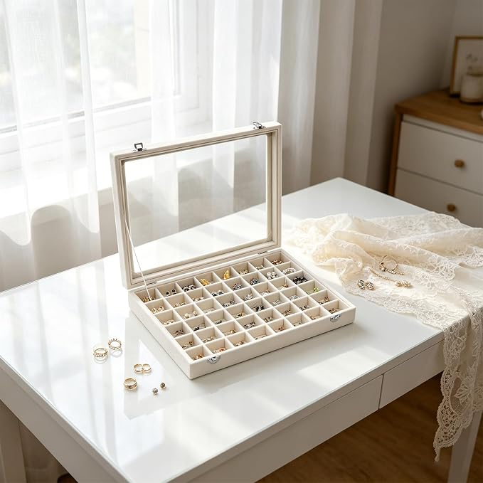 Stratalife Jewelry Organizer 48 Grid Jewelry Trays with Dust-proof Lid Velvet Earring Organizer Ring Holder Accessories Box Necklaces Earrings Storage for Women Drawers Cream