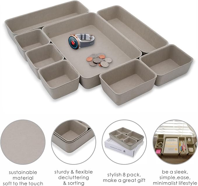 Welaxy Minimalist Felt Desk Drawer Organizer Tray 8pc Stone Storage Bins