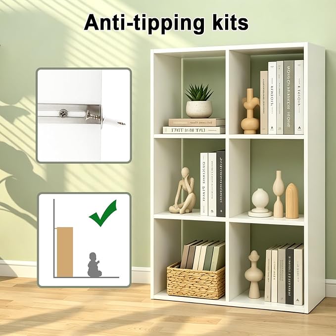6 Cube Shelf Bookcase, White, 11in | Anti-Tipping Kits, Reversible Open Back, Multi Layer Multi Grid Partition Layout