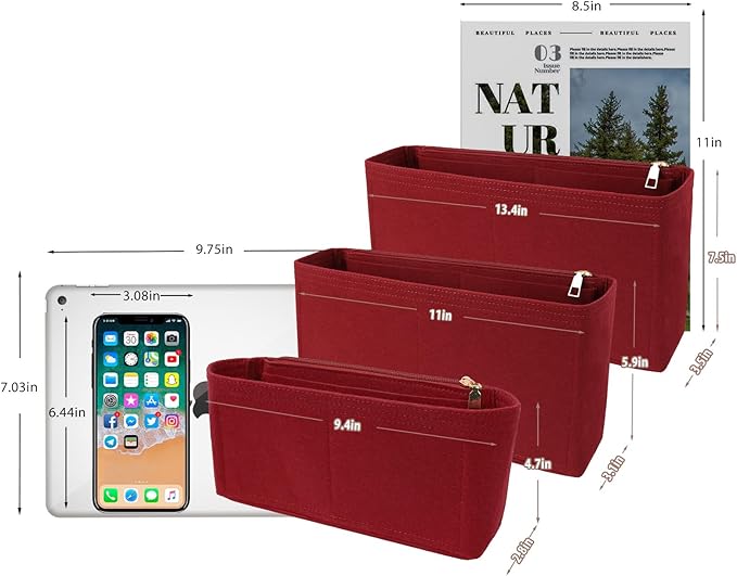 Surblue Purse Organizer Insert for Handbags, Felt Bag Organizer with Zippers Handbag Shaper Pouch for Classic 19 Flap Bag, Marmont, Onthego,（Burgundy, Slender M）