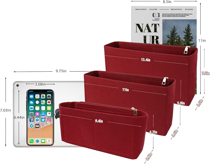 Surblue Purse Organizer Insert for Handbags, Felt Bag Organizer with Zippers Handbag Shaper Pouch for Classic 19 Flap Bag, Marmont, Onthego,（Burgundy, Slender L）