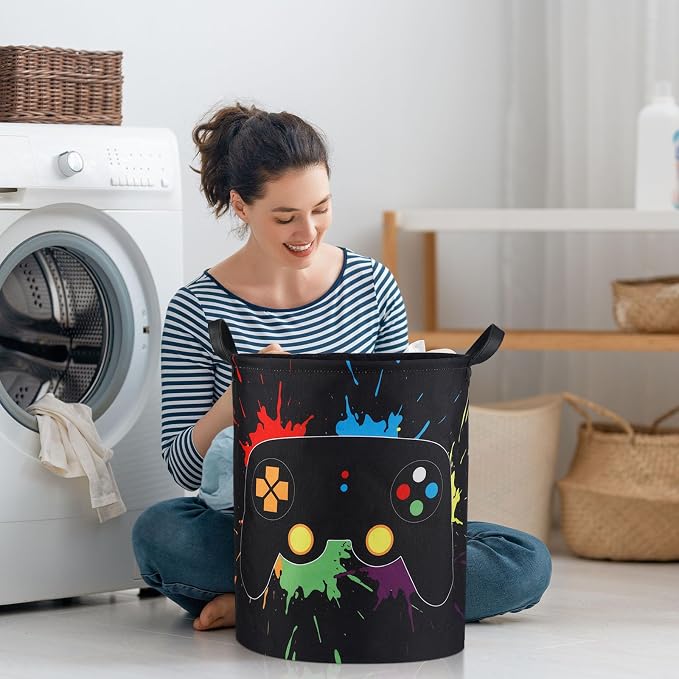 Zhehao 2 Pcs Gamer Laundry Basket Boys Kids Laundry Hamper Gamer Room Decor Gaming Storage Basket Hamper Clothes Organizer Nursery Toy Storage Bin for Gifts Bedroom Bathroom Decoration(Stylish)