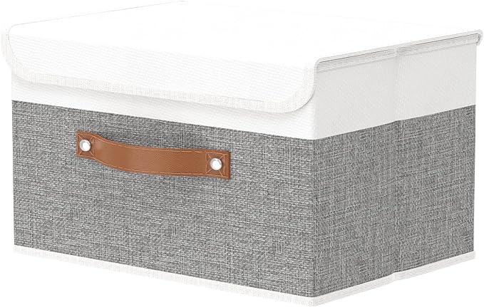 OUTBROS Large Foldable Storage Bins, Linen Fabric Box with Lid, Organiser for Shelves, Cubes For Towels, Clothes, 13 x 9.1 x 7.9 inch (White/Grey, 1-Pack) | Linen Fabric Box with Lid, Organiser for Shelves, Cubes For Towels, Clothes