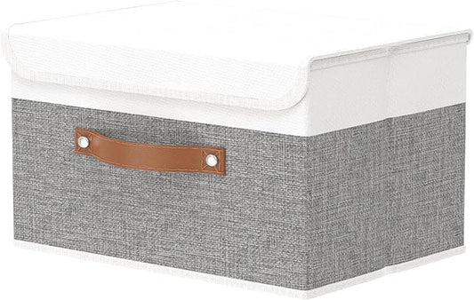 OUTBROS Large Foldable Storage Bins, Linen Fabric Box with Lid, Organiser for Shelves, Cubes For Towels, Clothes, 13 x 9.1 x 7.9 inch (White/Grey, 1-Pack) | Linen Fabric Box with Lid, Organiser for Shelves, Cubes For Towels, Clothes