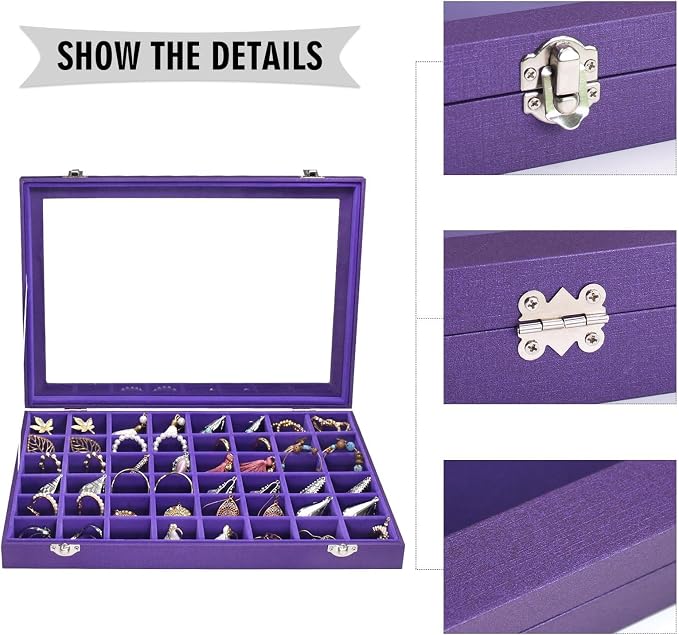 Siveit Jewelry Tray Organizer Box 48 Grid Jewelry Display Organizer Box with Transparent Lid Rings Earrings Necklaces Pendants Display Box Suitable for Women and Girls (48 Grid, Purple)