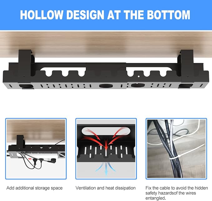 2PACKS Cable Management Under Desk Tray Adjustable Large Under Table Cord Wire Organizer for Standing Desk