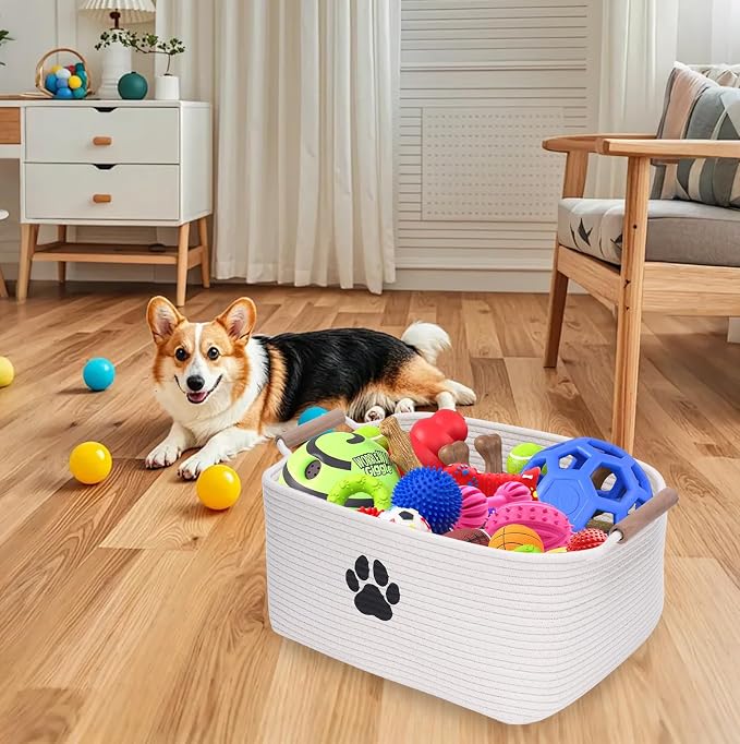 Geyecete dog toy basket Cotton Rope dog toy box with wood handle pet toy bin Blanket Storage Basket Decorative Clothes Hamper Basket Large Baskets
