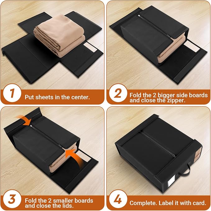 StorageTastic 2 Pack Bed Sheet Closet Organizers and Storage,Sturdy Foldable Storage Containers with Window and Label,Storage and Organization for Bedding Sheets,Duvet Covers,Blankets (Black)