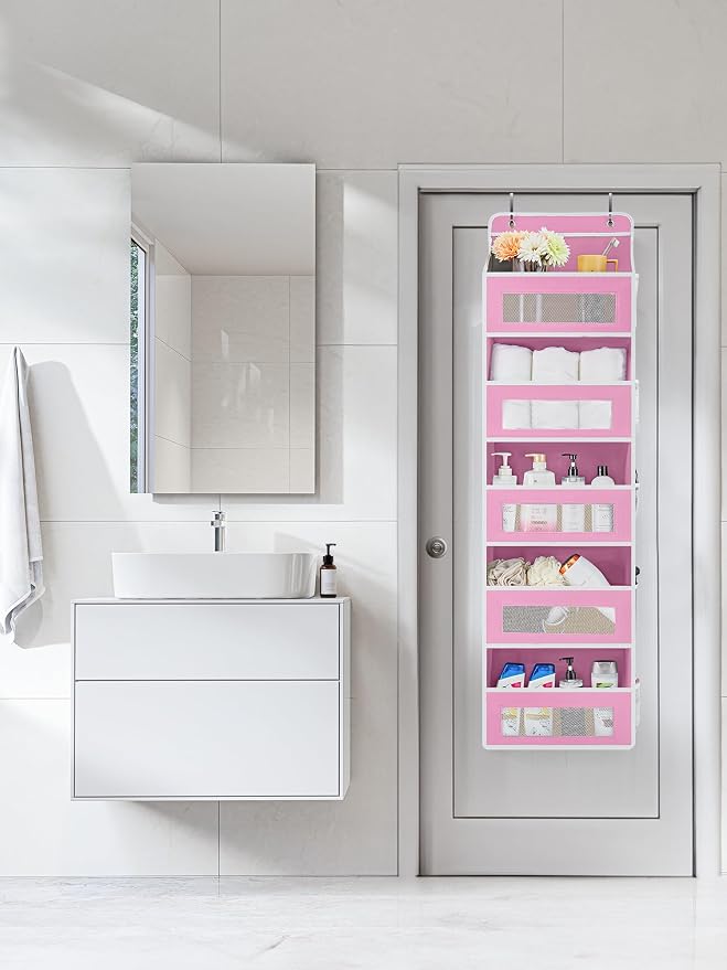 JARLINK 2 Pack Over The Door Organizer Storage, 5 Shelf Hanging Door Organizer with 5 Large Capacity Pockets, Anti Tilt 44 lb Load Behind Door Storage for Bedroom, Bathroom, Pantry, Nursery, (Pink)