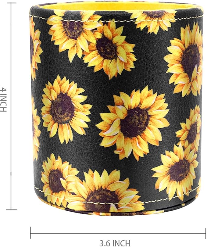 Pen Holder, Pencil Cup Desk for Women Girls, Luxury Makeup Brush Holder Large Pu Leather Multi-Functional Organizer Cup for Office, Classroom, Home, Sunflower