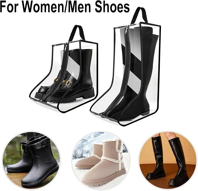 2Pack Boot Bags for Cowboy Boots Portable Tall Boot Storage Organizer Shoe Bags for Travel with Dust Covers (Clear Black))