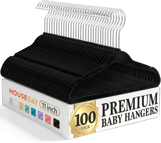 HOUSE DAY 11 Inch Velvet Baby Hangers 100 Pack Black, Premium Kids Hangers for Children, Infant & Toddler Clothes, Durable Non Slip Small Baby Felt Hanger for Closet, Ideal for Everyday Use