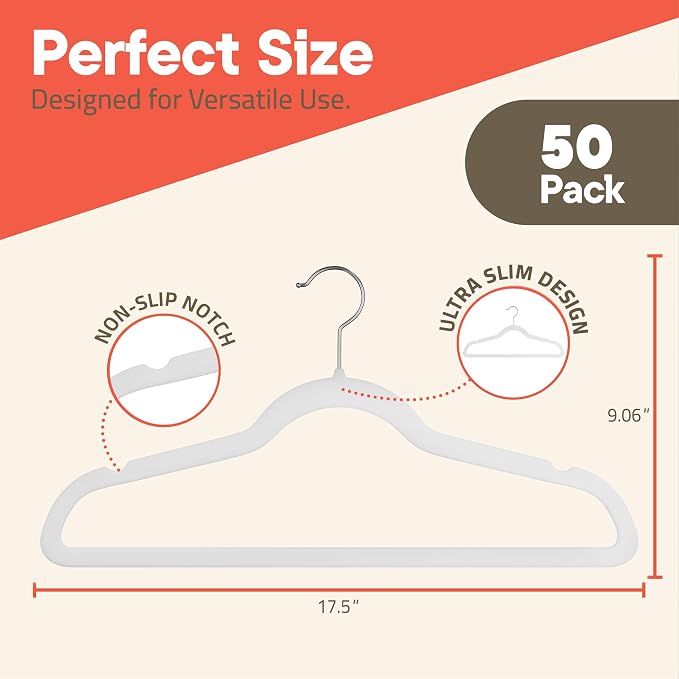 White Velvet Hangers 50 Pack – 360° Swivel Hook, Non-Slip and Space Saving Hangers, Heavy-Duty 11 lbs Weight Capacity - Smooth Velvet Finish for Crease-Free Clothes and Effortless Closet Organization