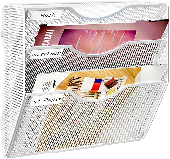 PAG Hanging Wall File Holder, 3 Tier Mail Sorter for Wall, Mesh Office Wall Organizer For Papers/Folders/Files Clipboard & Magazine, White