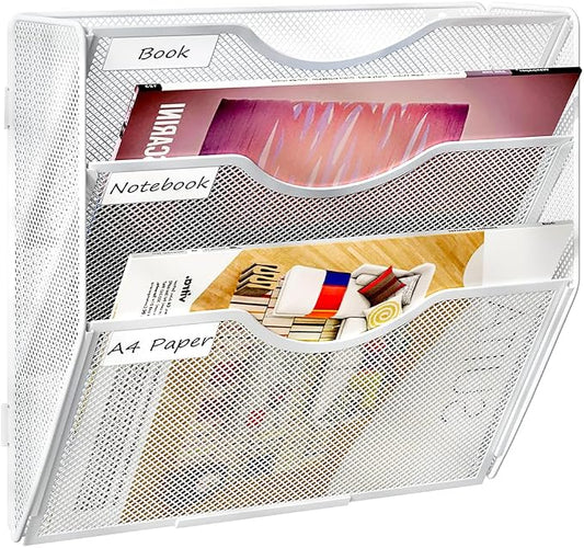 PAG Hanging Wall File Holder, 3 Tier Mail Sorter for Wall, Mesh Office Wall Organizer For Papers/Folders/Files Clipboard & Magazine, White