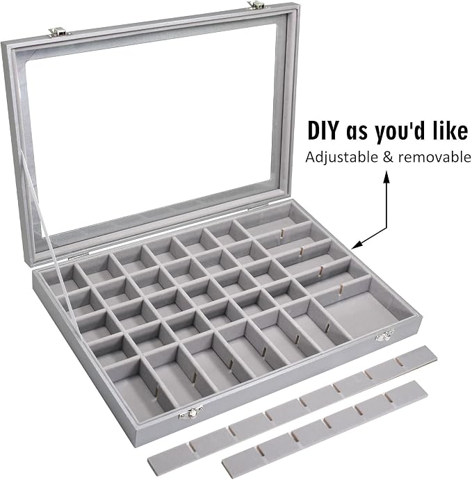 Siveit Jewelry Tray Organizer Box 48 Grid Jewelry Display Organizer Box with Transparent Lid Rings Earrings Necklaces Pendants Display Box Suitable for Women and Girls (48 Grid, Silver Grey)